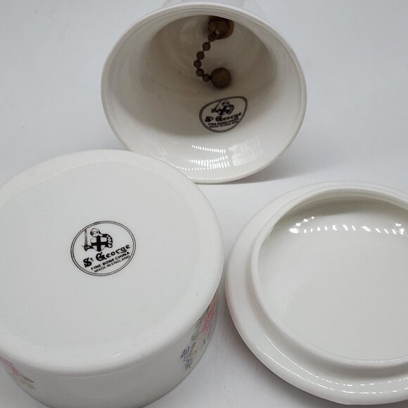 St. George Fine Bone China Bell and Trinket Box Pastel Floral Pink Purple VTG - Picture 7 of 8